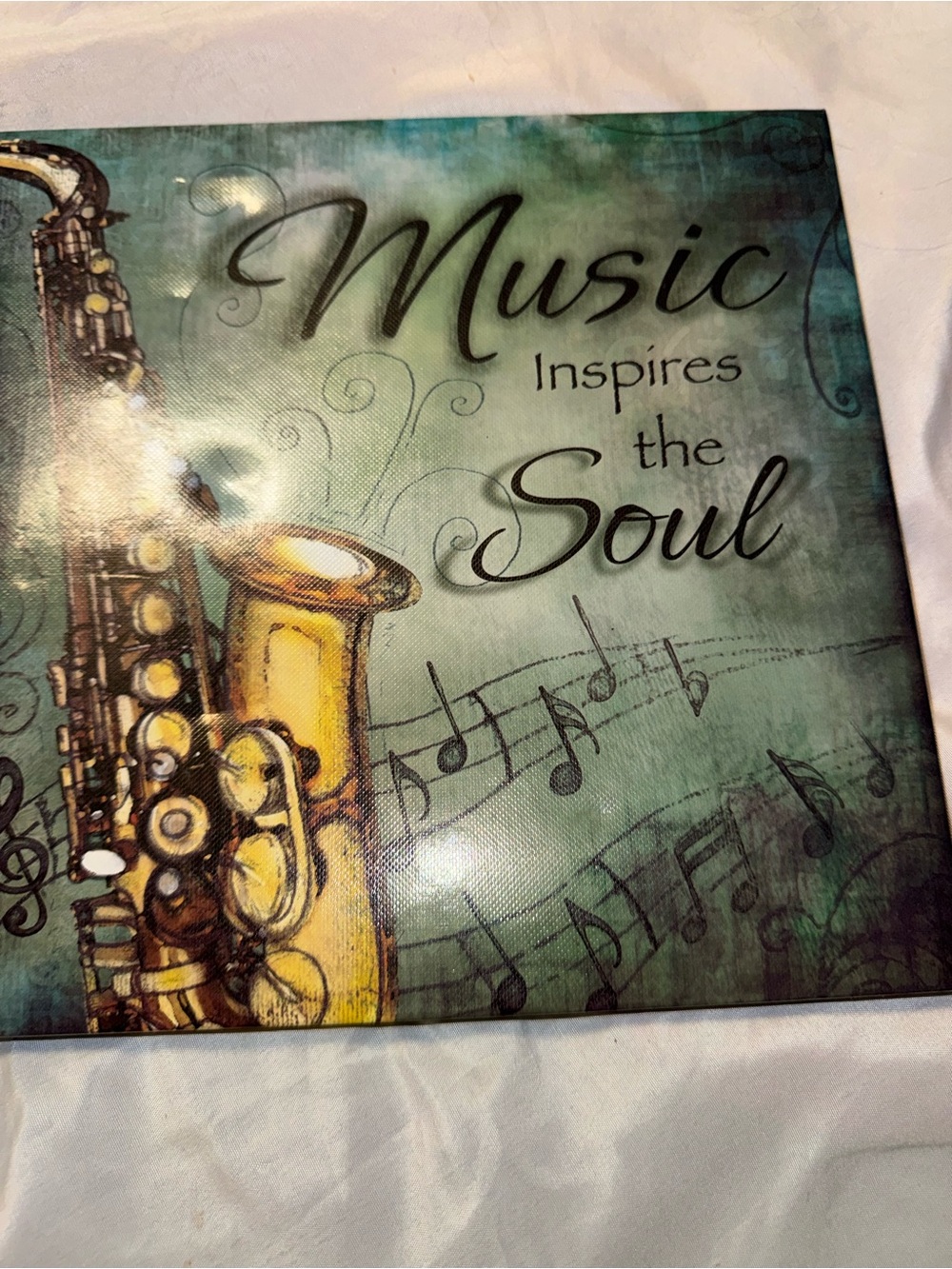 Music Inspires the Soul Saxophone Wall Art - Teal and Gold 10”x10”